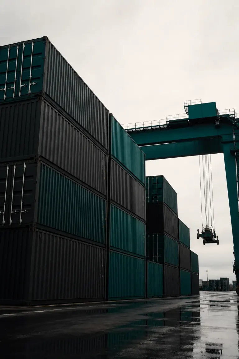 Shipping containers and freight crane at an industrial terminal
