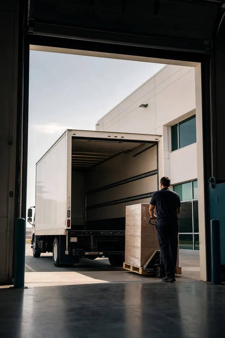 Worker completing a final freight handoff at a loading dock